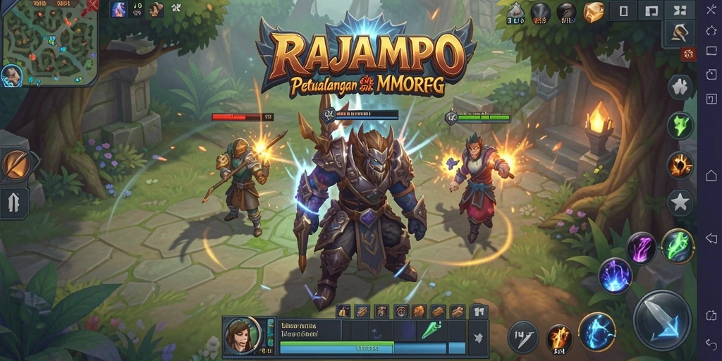 Screenshot gameplay RAJAMPO menampilkan pertarungan seru di dunia fantasi.